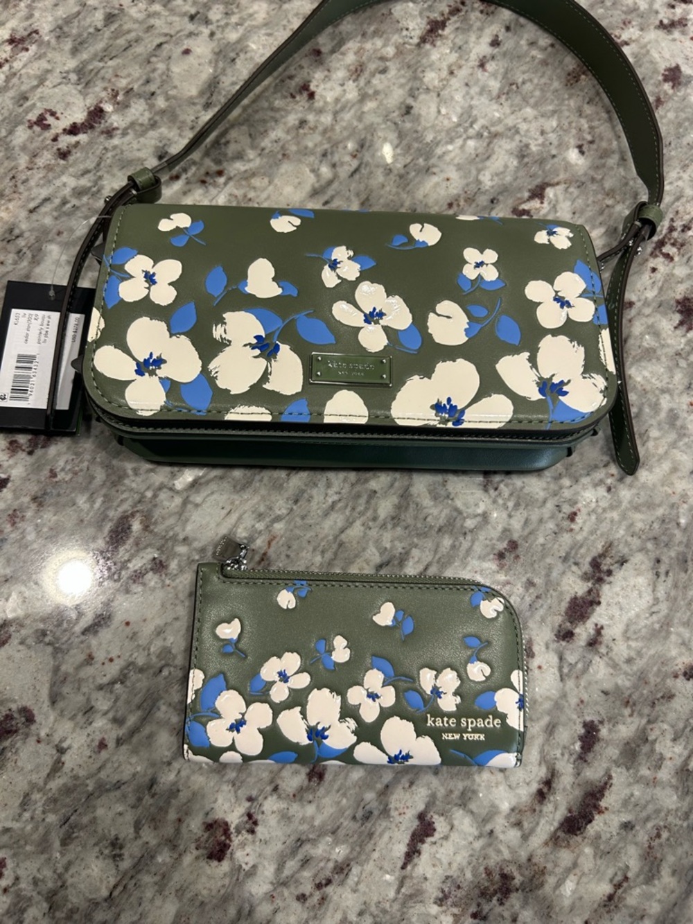 Kate Spade Liv Painterly Olive Floral Leather Shoulder Bag with Matching Wallet